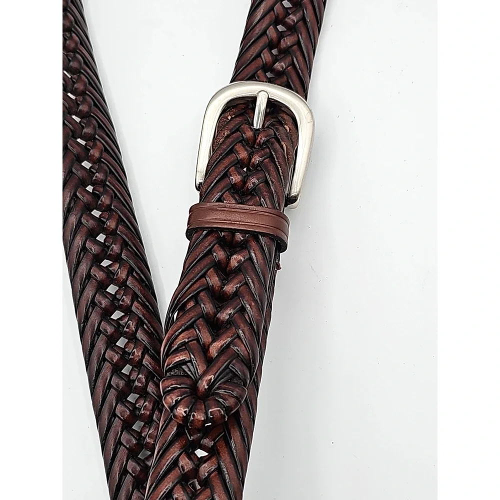 Braided Genuine Leather Belt Brown Silver Buckle Adjustable up 48